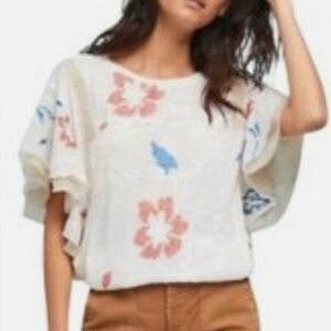Anthropologie TINY White Embroidered Cross Stitch Floral Flutter Sleeve Blouse S